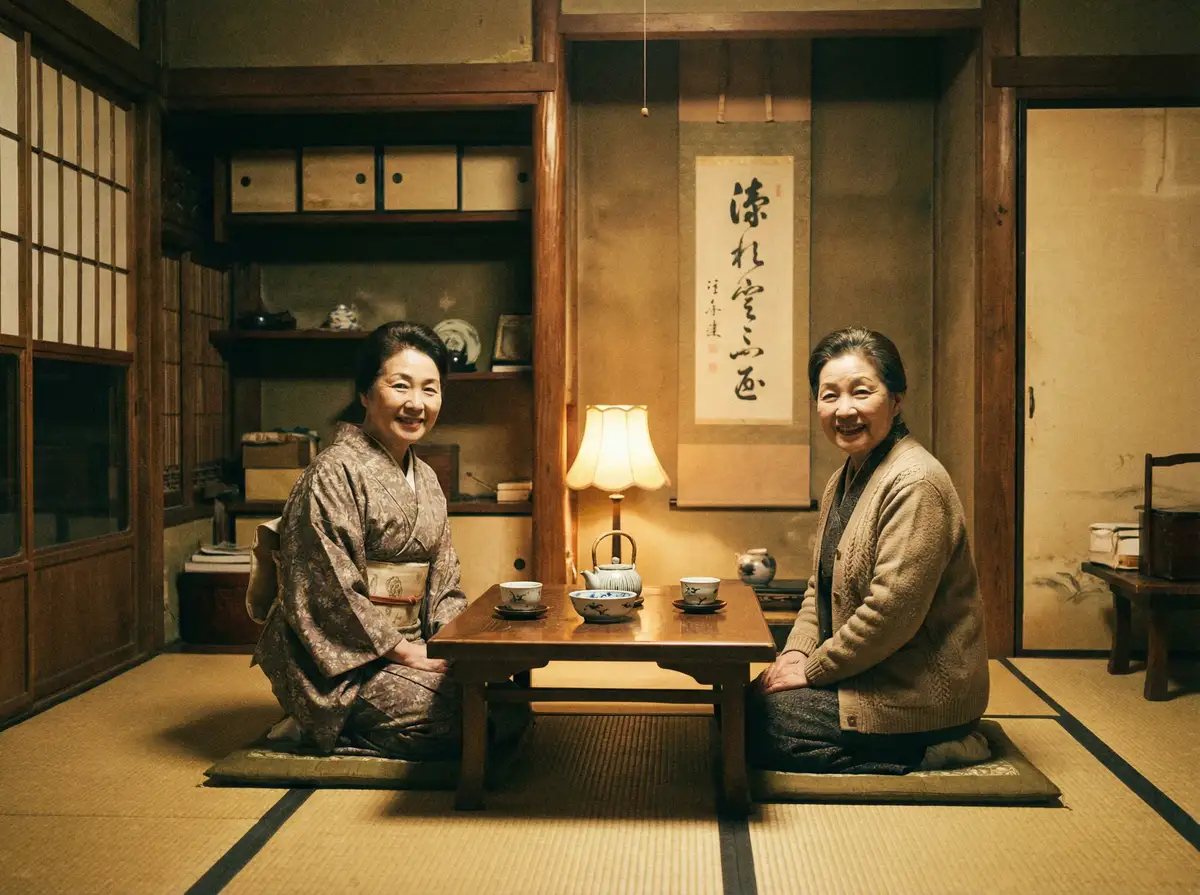 两位优雅的 家庭高级教师 在日式茶室中品茶交谈